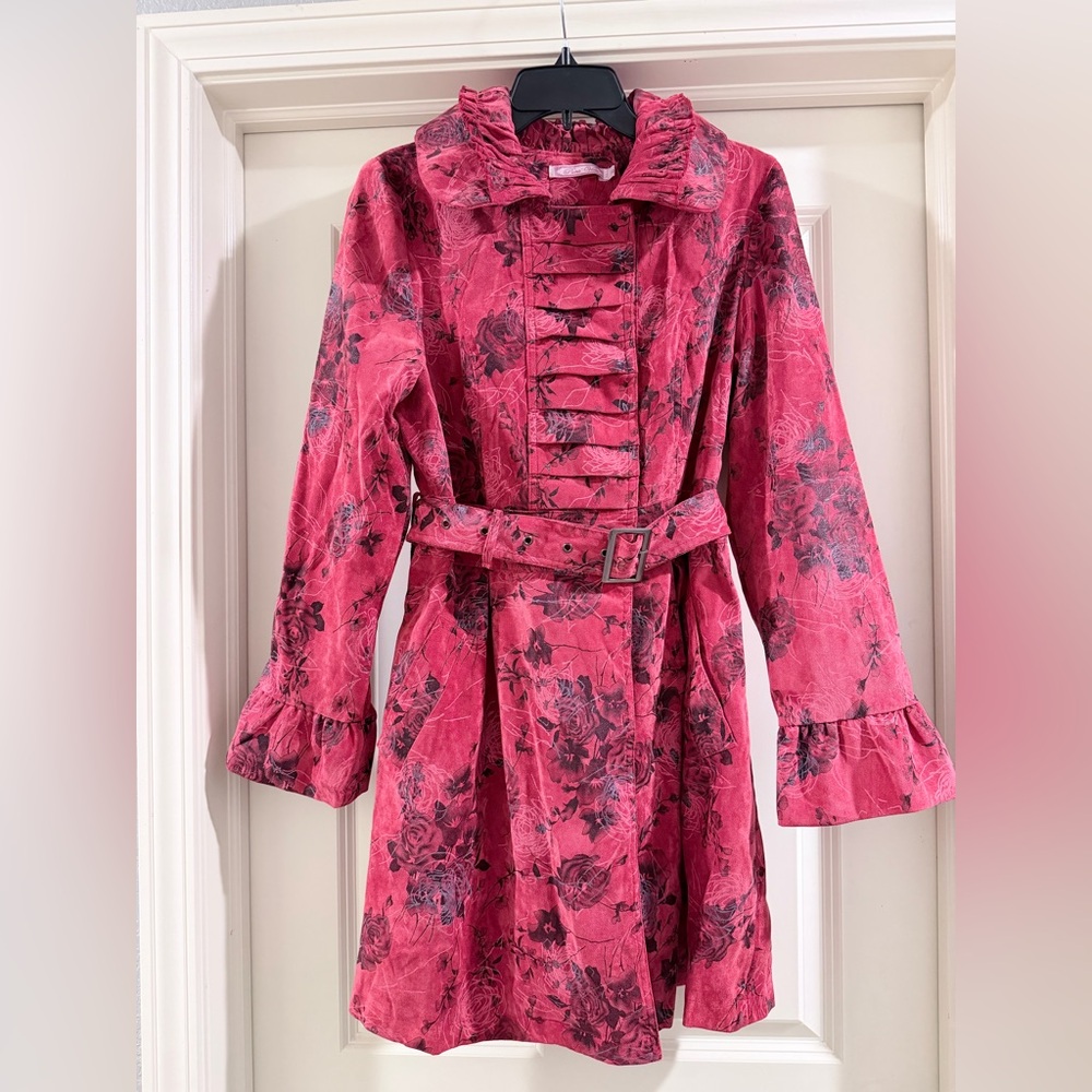 Pura Vida Red and Black Floral Trench Coat